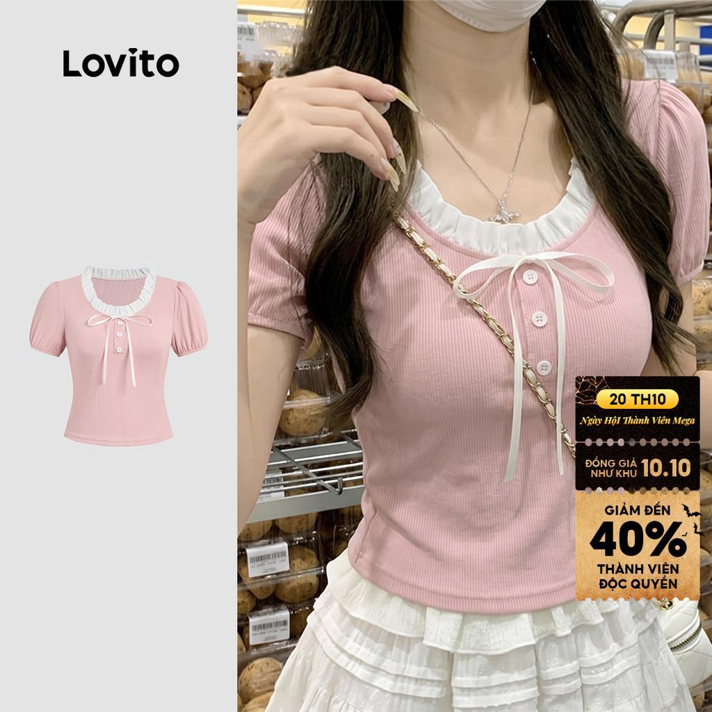 Áo thun Lovito phong cách thường ngày cột dây mùa xuân/hè màu hồng cho nữ LK4AD460