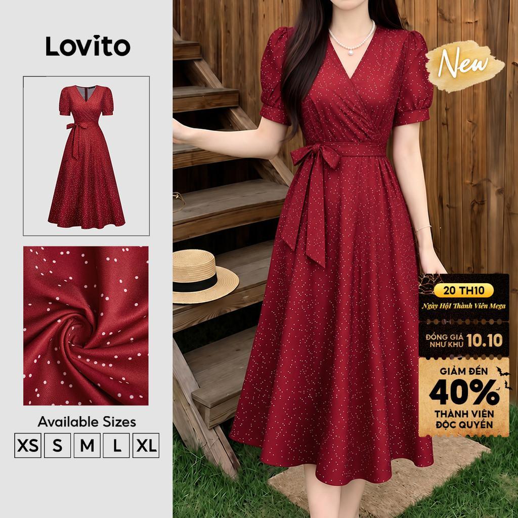 (New Arrival) Lovito Váy nữ màu đỏ Vang dáng chữ a dài xếp Ly họa tiết chấm Bi hình học Thanh lịch mặc công sở mùa xuân hè và dịp Tết Nguyên đán DRK10P1D781