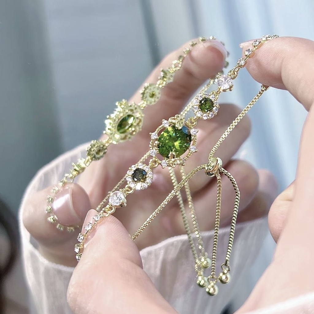 Vòng tay đa năng kim cương xanh ô liu cổ điển kiểu Pháp