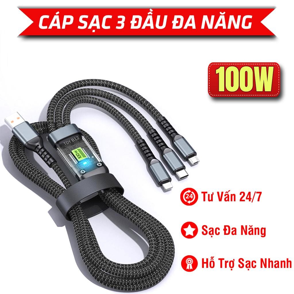 Dây Sạc Tự Ngắt - Dây Cáp Sạc Dữ Liệu Sạc Nhanh 100W Micro USB Type C 3 Trong 1 6A Dây Đen 3 Đâu