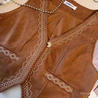 Áo gile retro không tay phong cách bohemian vintage phương Tây, da lộn thêu nặng, phù hợp thời trang hàng ngày