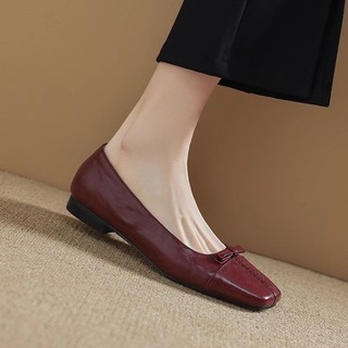 Giày Cao Gót Đế Bằng Nữ Mũi Vuông Miệng Nông Slip-On Nơ