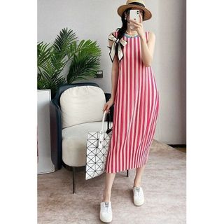 Miyake Váy Sọc Xếp Ly Cho Ngày Thường, Phù Hợp Mùa Hè, Chiều Dài