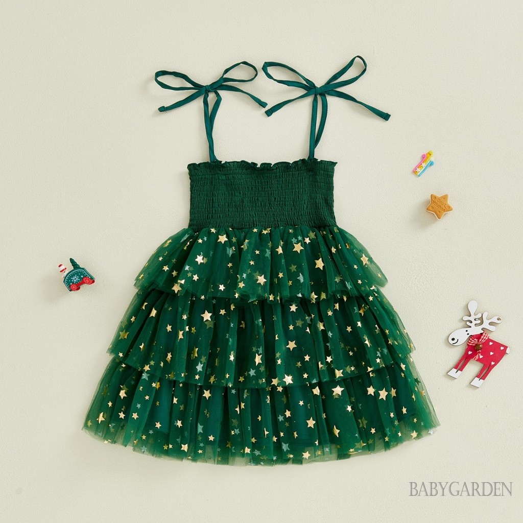 1-6 Tuổi Trẻ Em Bé Gái Giáng Sinh Một Dòng Đầm In Hình Ngôi Sao Không Tay Dây Buộc Dây Đeo Smocked Tulle Bánh Đầm