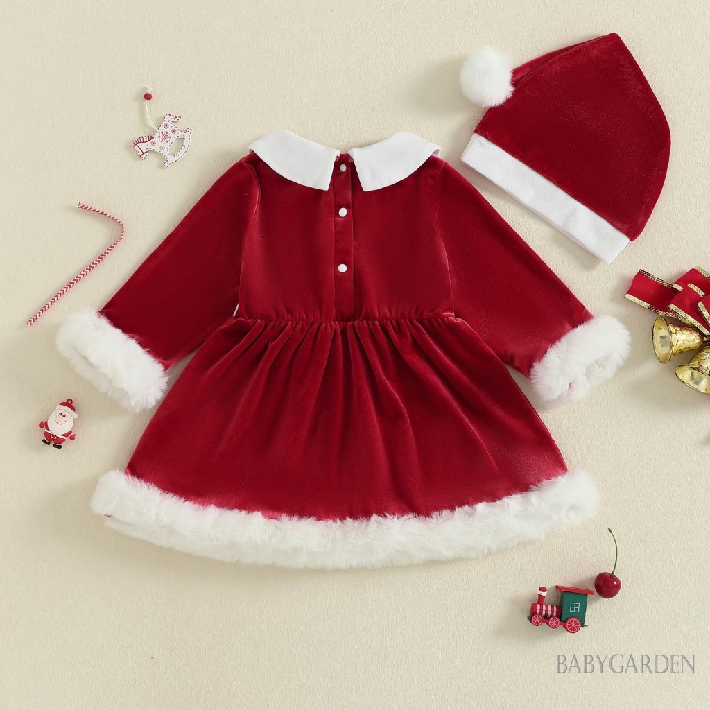 6M-4Y Bé Gái Trang Phục Giáng Sinh Fuzzy Viền Cổ Búp Bê Dài Tay Nhung Đầm Và Mũ Ông Già Noel