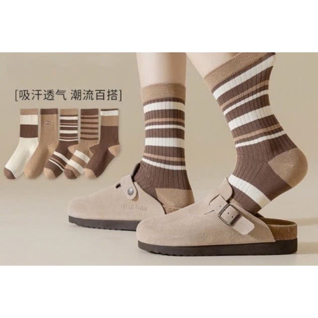 COMBO 5 Đôi Tất/ Vớ  nữ cao cổ kẻ mùa thu đông chất liệu thấm hút mồ hôi và khử mùi phong cách Hàn Quốc