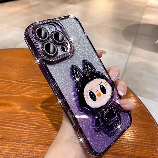 Ốp lưng iPhone lấp lánh kèm giá đỡ xoay Labubu và gương mini cho iPhone 12 13 14 15 16 17 Pro Max 17 Air