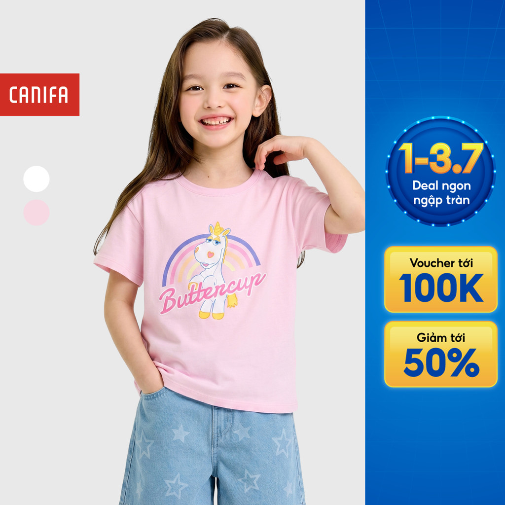 Áo phông bé gái CANIFA cộc tay cổ tròn chất cotton mềm mại thấm hút 1TS26S009