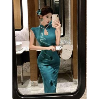 Đầm sườn xám cách tân màu xanh cổ điển thanh lịch kiểu Trung Hoa mùa hè vô cùng xinh đẹp cho Nữ