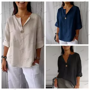 Áo thun vải lanh Cotton dáng rộng PYCOU, Nút cổ chữ V phía trước Áo thường ngày, Áo thun ngắn tay dáng rộng vừa vặn Trang phục mùa hè