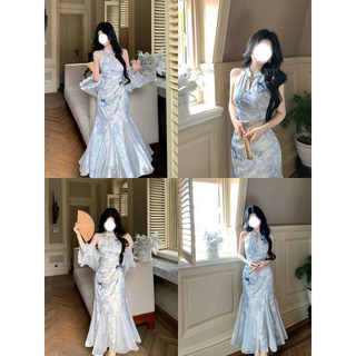 Bộ sườn xám đuôi cá cải tiến phong cách Trung Hoa Cao Cấp Thanh Lịch và Áo khoác mỏng mùa hè cho Nữ