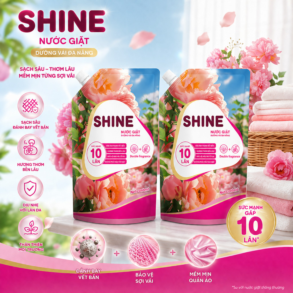 Combo 2 Túi Nước Giặt Xả Đậm Đặc Shine Hương Hoa- Sạch Sâu, Thơm Ngát, Lưu Hương Dài Lâu 96H