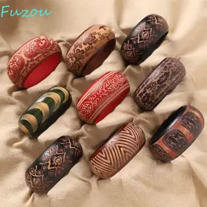 FUJIOU Khắc Vòng Tay Bằng Gỗ, Vòng Tay Phong Cách Rộng Retro, Lễ Hội Đeo Tròn Đầy Màu Sắc Handmade Phong Cách Dân Tộc Lắc Tay Trang Trí Tay