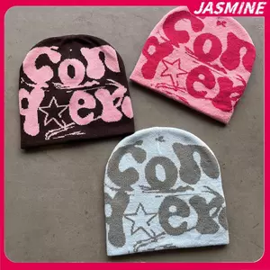JASMINE Vintage Y2K Len Acrylic Dệt Kim Mũ Nữ Beanie Mùa Đông Ấm Bò Bông Tai Kẹp Hip Hop Thường Ngày Skullies Mũ Ngoài Trời JASMINE
