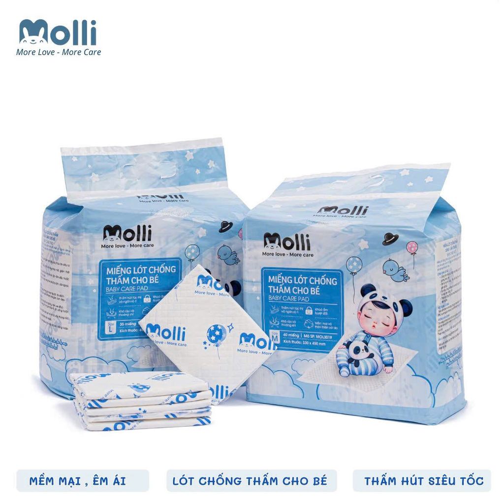 Tấm Lót Chống Thấm Dùng Một Lần Molli Cho Bé, Size S/M/L, đa dạng kích thước gói, thấm hút, tiện lợi