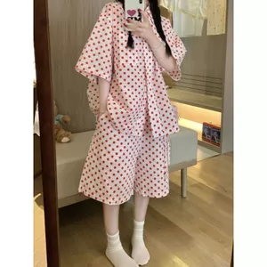 Bộ đồ ngủ bán chạy mùa hè dành cho nữ chấm bi ngọt ngào tay ngắn + quần Short dáng rộng