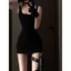 Mùa hè Plus kích thước Pure Desire Little Black Dress Fat mm Cổ vuông Sling Túi thắt lưng hẹp Mông Bọc bó sát Flesh Slimer Look Hot Girl Váy không tay nữ