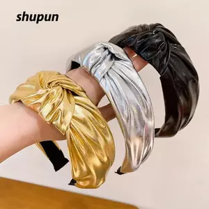 SHUPUN Knot Head Hoop, Băng đô du lịch rộng bằng da tổng hợp, Băng đô nữ màu trơn sáng bóng đơn giản dành cho nữ Cô gái