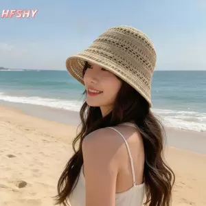HFSHY Dệt Rơm Buet Mũ Mềm Mại Đầu Lớn Chu Vi Mặt Giảm Béo Phong Cách Cho Mùa Hè Đi Biển Ngày Lễ Sử Dụng VN