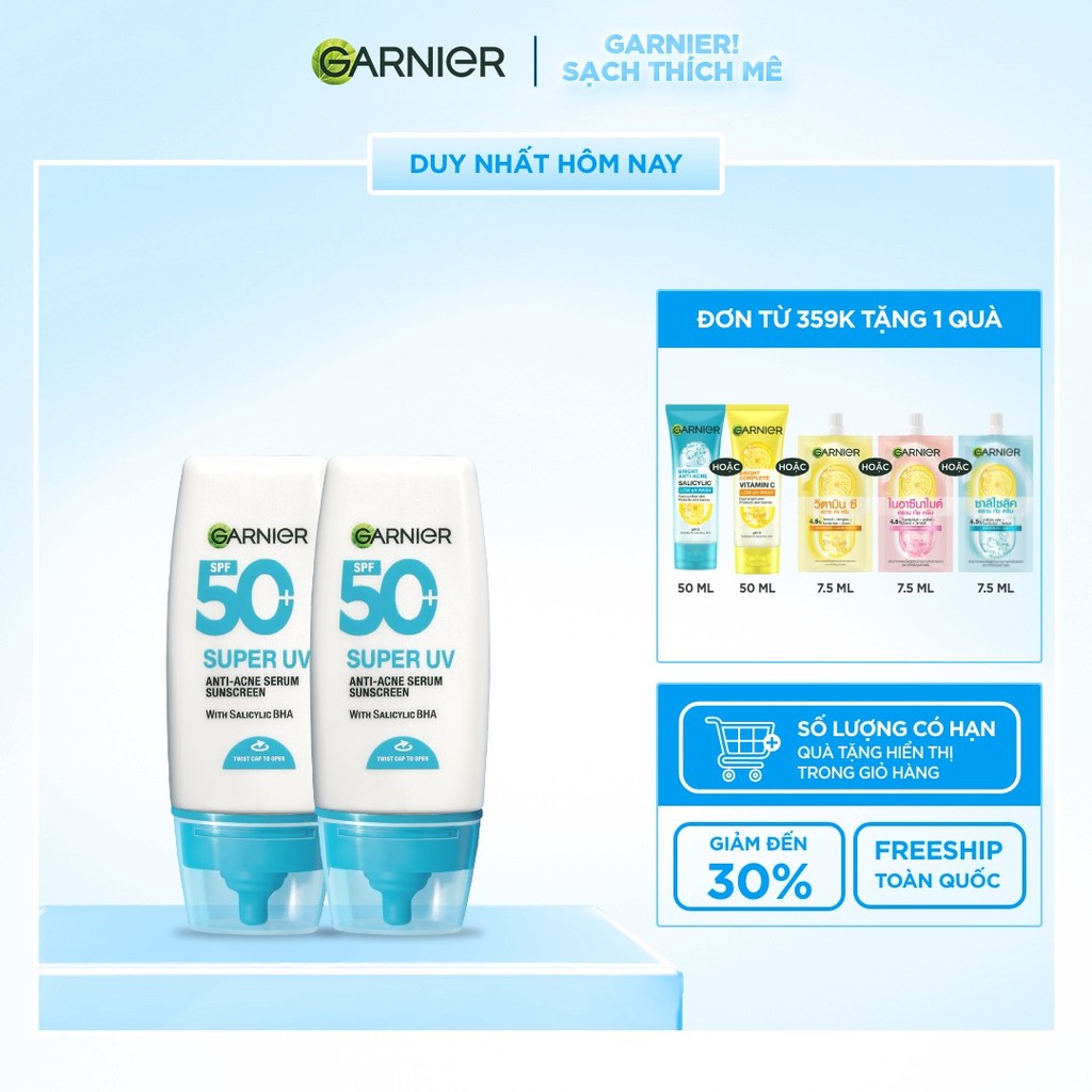 Bộ 2 Kem Chống Nắng Garnier Phổ Rộng Kiềm Dầu Đến 12H & Hỗ Trợ Giảm Mụn SPF 50+PA++++ 30mlX2