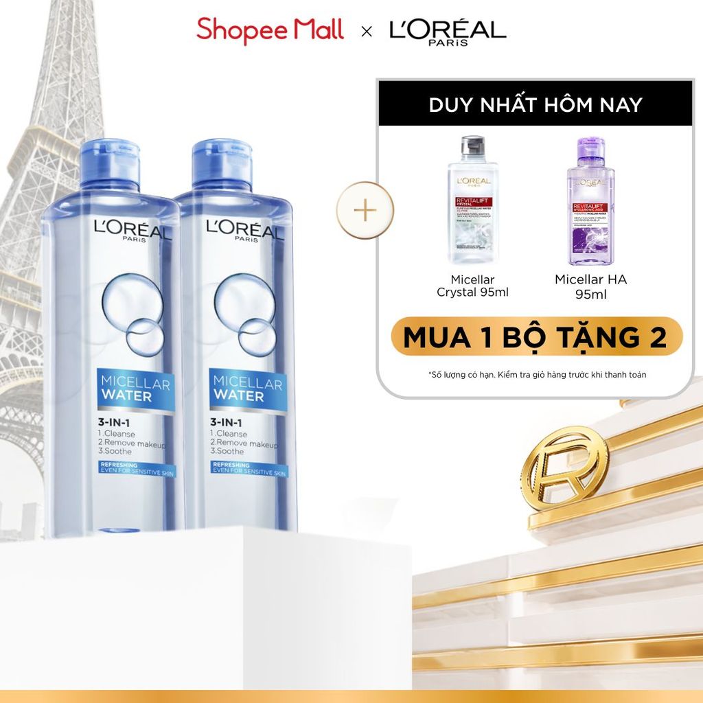 Bộ 2 nước tẩy trang đa năng 3in1 tươi mát L'Oreal Paris (xanh dương nhạt) 400ml