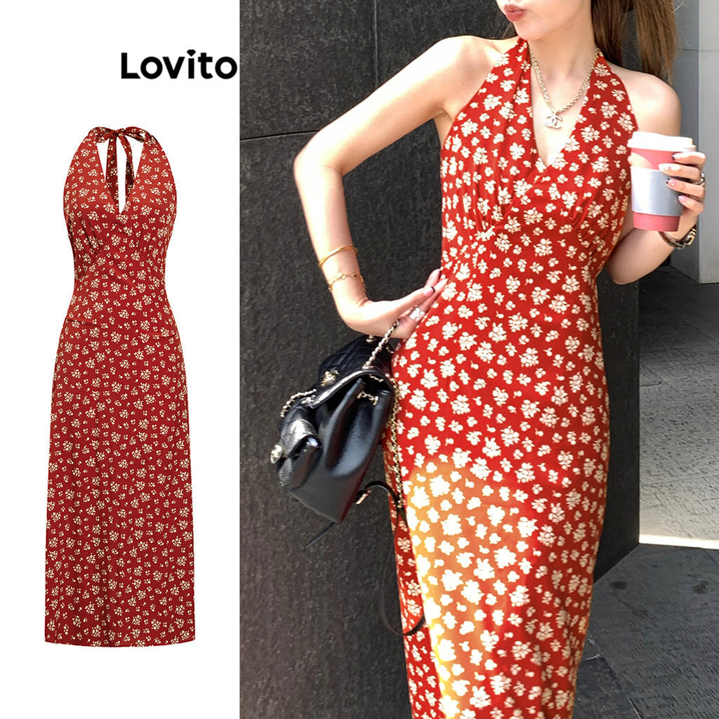 Lovito Kỳ nghỉ Đầm Lãng Mạn Họa Tiết Hoa Nhí Xếp Ly Buộc Dây Phía Sau Dành Cho Nữ L106AD891