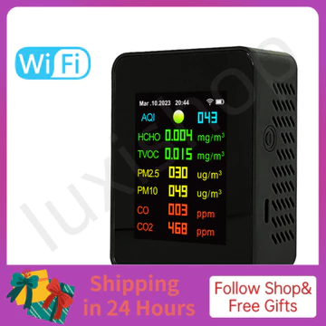 Iuxishop Máy đo chất lượng không khí di động Tuya Wifi 7in1 PM2.5 PM10 Carbonic Oxide CO2 TVOC HCHO AQI Máy kiểm tra màn hình màu TFT Máy dò carbon Dioxide với chức năng hiển thị ngày và giờ