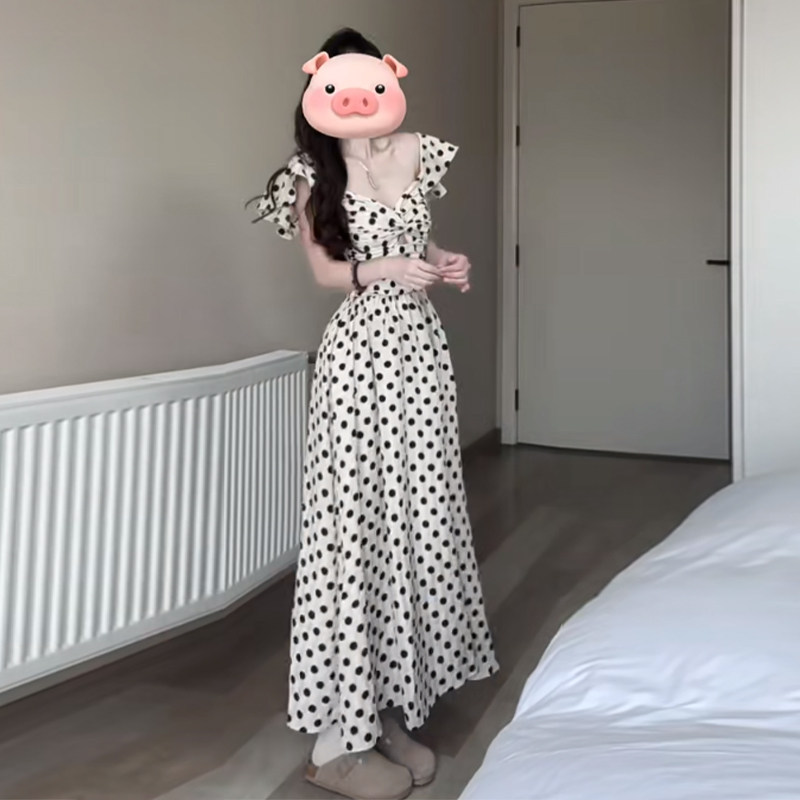 Pháp Nhẹ Nhàng Ánh Trăng Trắng Chấm Bi Đầm Phong Cách Kỳ Nghỉ Retro Tính Khí Cao Cấp Eo Hẹp Chữ a Váy Dài Mùa Hè