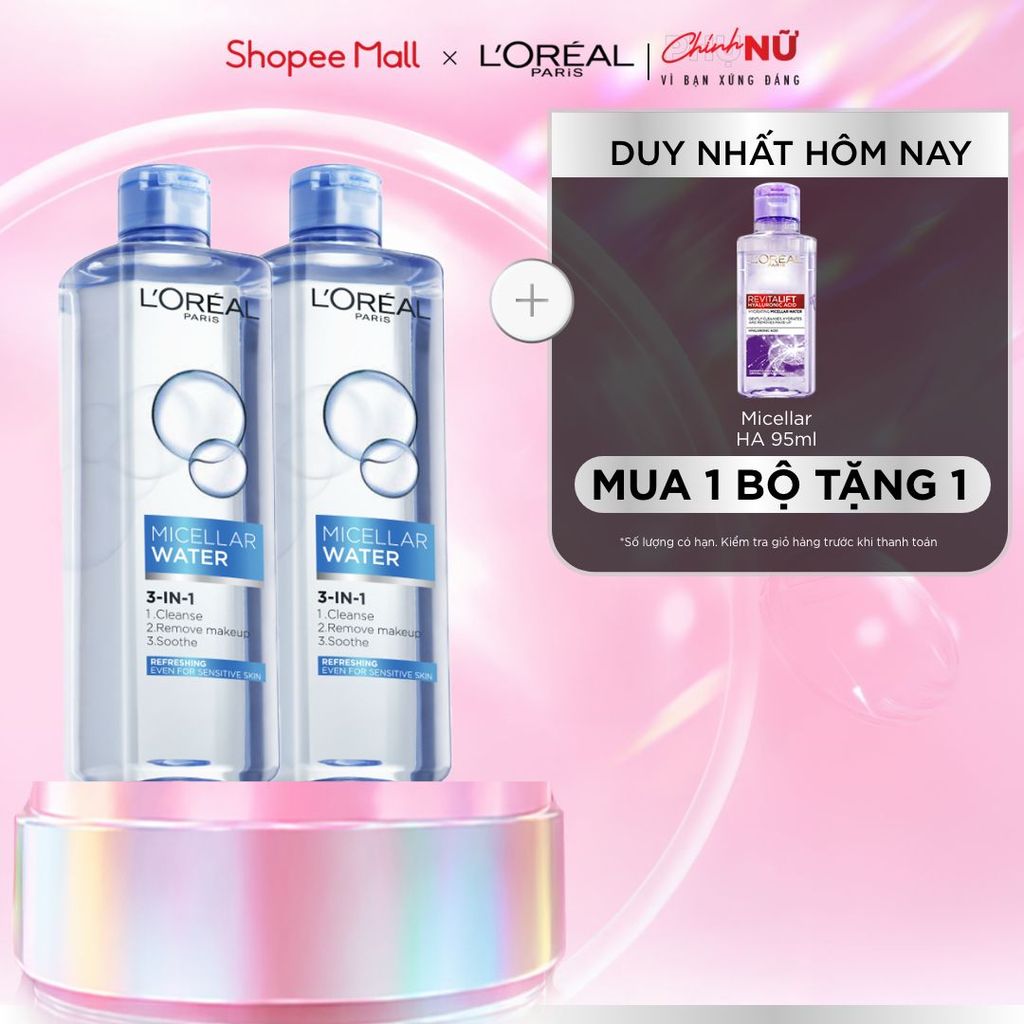 Bộ 2 nước tẩy trang đa năng 3in1 tươi mát L'Oreal Paris (xanh dương nhạt) 400ml
