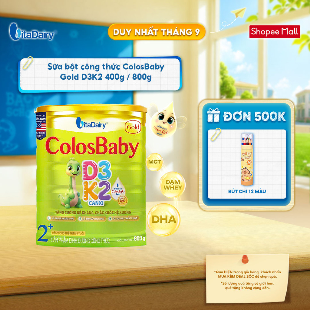 Sữa bột ColosBaby Gold D3K2 2+ cho trẻ trên 2 tuổi - Hỗ trợ phát triển xương, bổ sung dinh dượng - Lon 800g