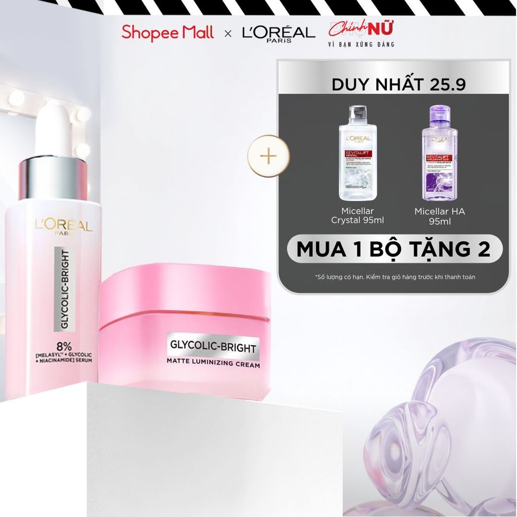 Bộ đôi serum & kem dưỡng sáng da đột phá Melasyl mờ thâm mụn, nám L'Oreal Paris Glycolic Bright 30ml, 50ml
