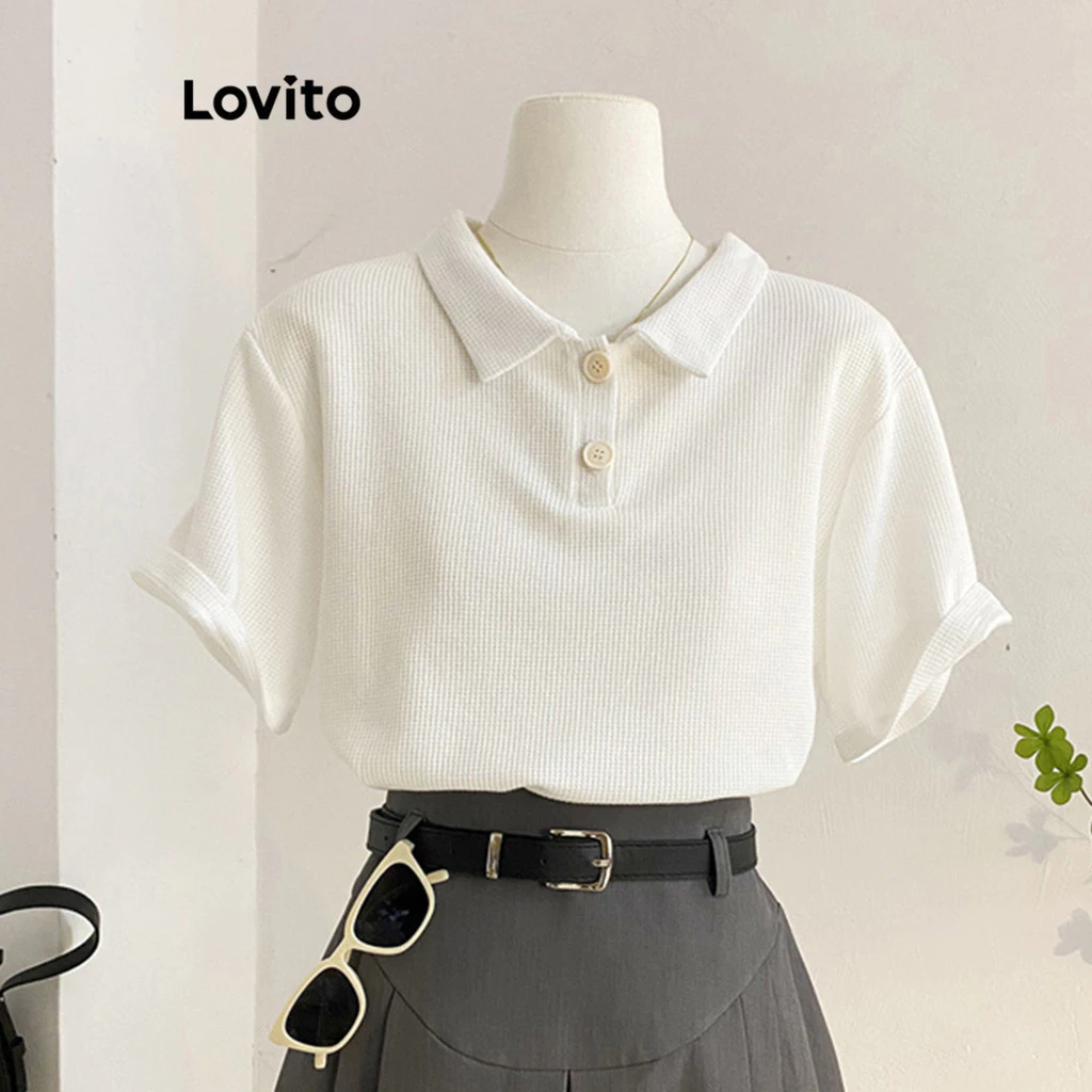 Lovito Phong cách thường ngày Áo Thun Polo Dáng Rộng Trơn Chất Liệu Dệt Kim Kiểu Waffle Dành Cho Nữ L68ED039 (nhiều Màu)
