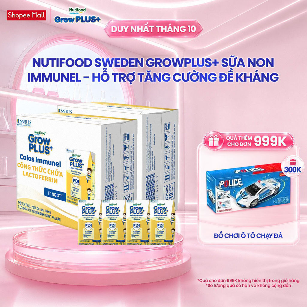 Combo 2 Thùng 24 hộp Sữa Bột Pha Sẵn Nutifood Sweden GrowPLUS+ Sữa Non Immunel hộp 110 ml (Bao bì tuỳ lô hàng)