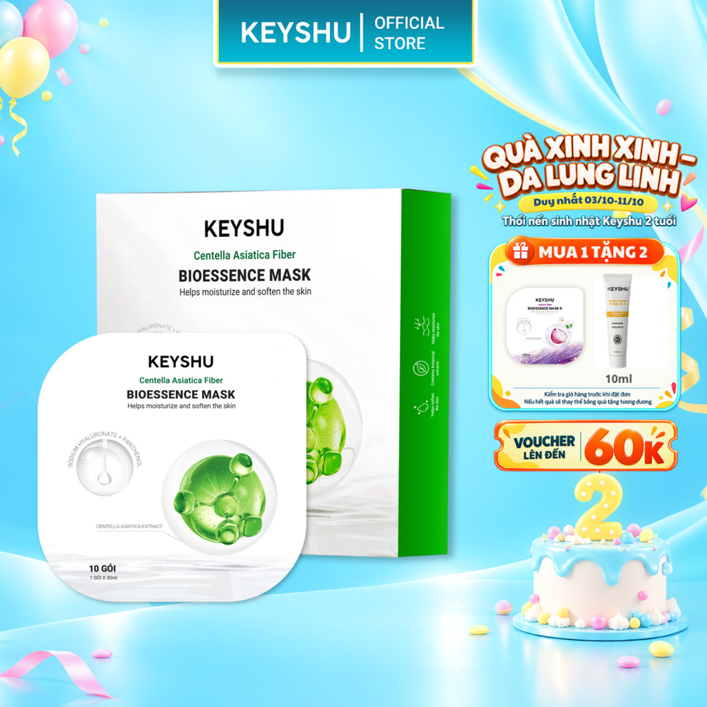 [TẶNG 2 MIẾNG] 1 Hộp Mặt Nạ Sợi Xơ Rau Má Centella Fiber KEYSHU Dưỡng Ẩm, Hỗ Trợ Ngăn Ngừa Lão Hóa 10 Miếng 30ML