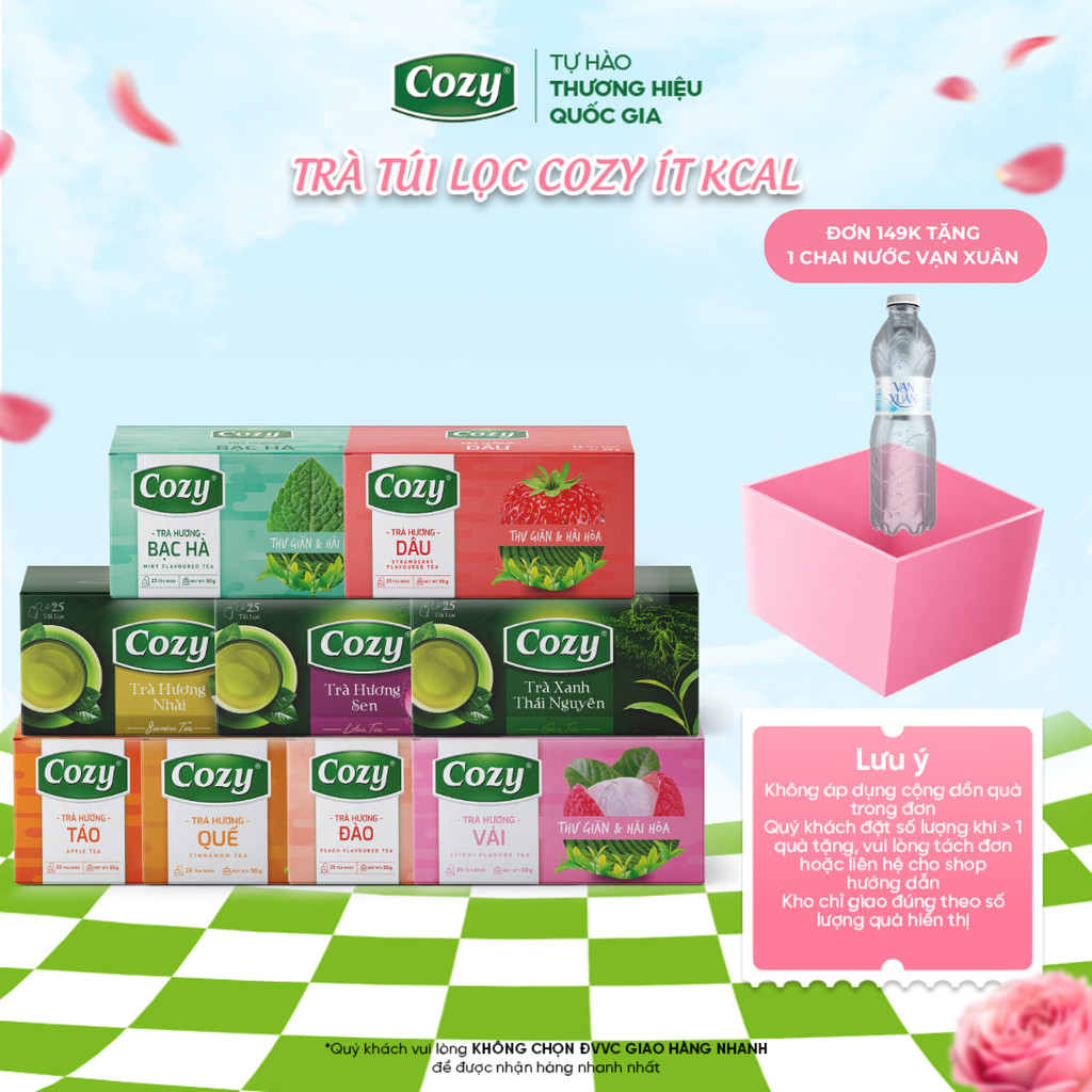 Trà Túi Lọc Cozy Trà Ô Long, Xanh, Nhài, Gừng, Hồng Trà, Sen, Đào, Dâu, Vải, Quế  Hộp 25 Gói
