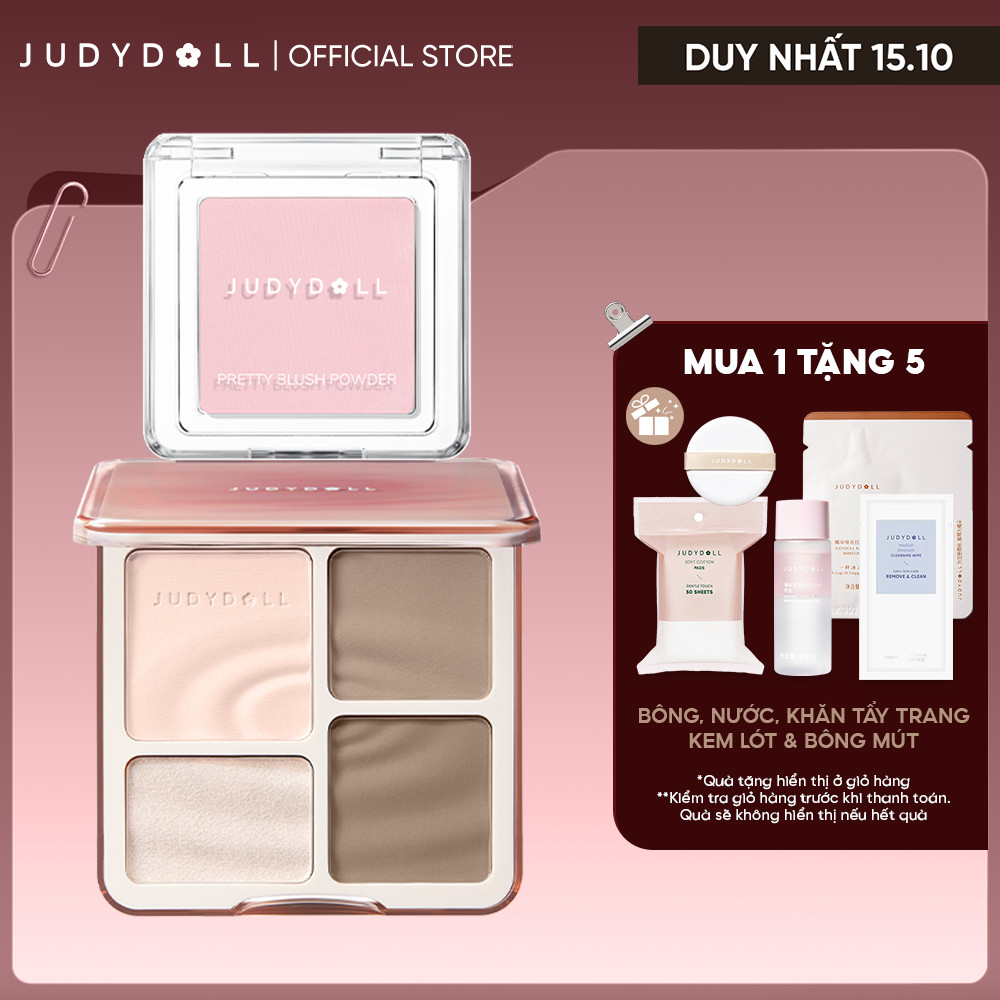 [Combo 2] Bảng Tạo Khối Bắt Sáng Highlight JUDYDOLL 4 Ô Thời Thượng & Phấn Má Hồng Đơn Sắc Tự Nhiên Đa Năng