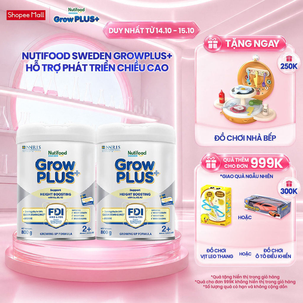 Combo 2 Sữa Bột Nutifood Sweden GrowPLUS+ Cao lớn vượt trội trên 2 tuổi (Bạc) 800g