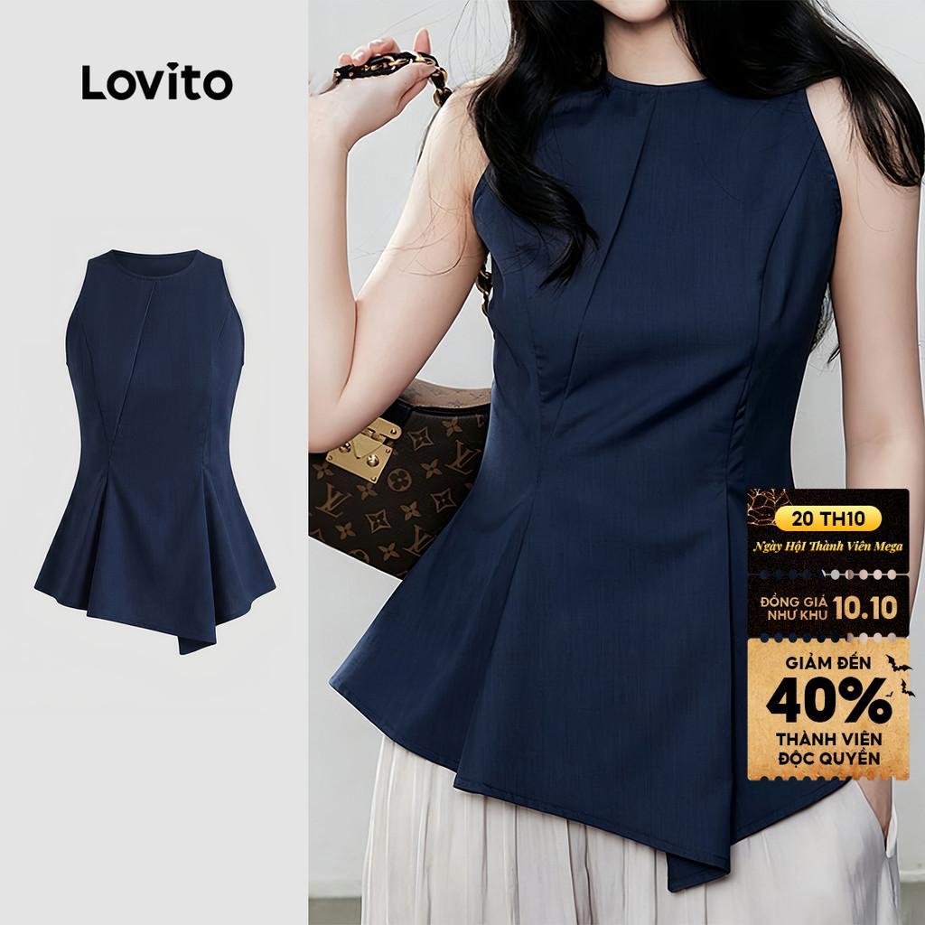 Lovito Áo top nữ màu xanh navy thiết kế bất đối xứng sang trọng cảm giác mùa xuân/hè TKK8TD240