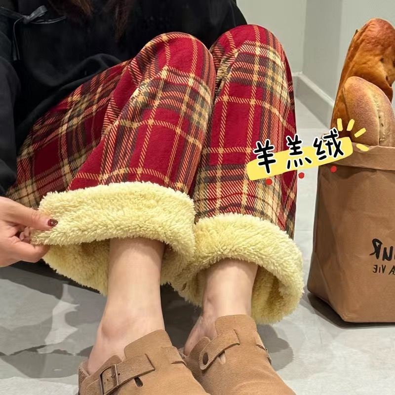 Quần lông cừu lông cừu lông cừu kẻ sọc rộng eo cao dành cho nữ