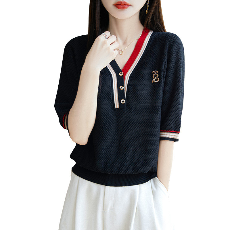 Mùa Hè Tencel Ngắn Tay Áo Sơ Mi Nữ Màu Sắc Phù Hợp Với Thêu Thời Trang Cổ Chữ V Băng Lụa Mồ Hôi