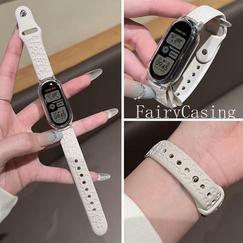 Ốp Lưng Trong Suốt + Dây In Da Báo Cho Xiaomi Mi Band 8 9 10 Vòng Tay Silicon Chống Thấm Nước Cho Mi Band 9 10Ceramic Phiên Bản Dây Đeo