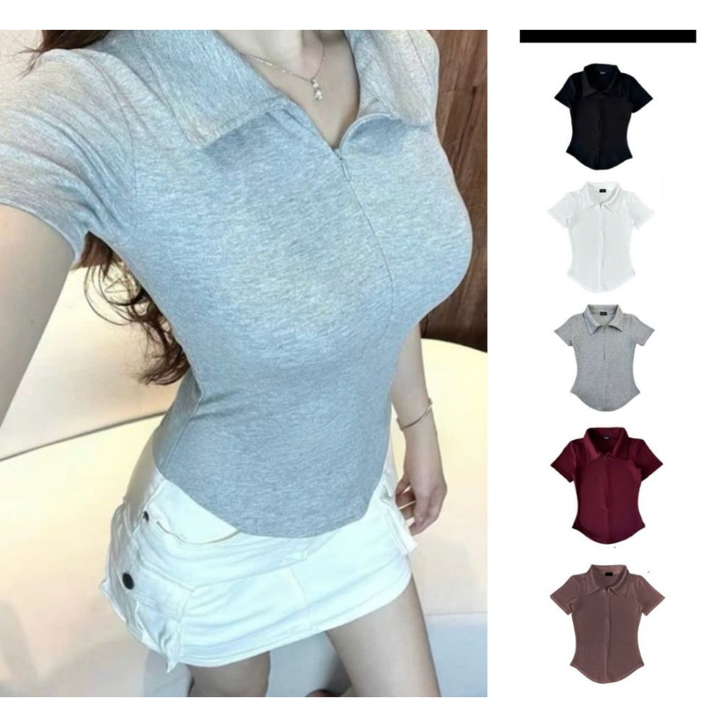 Áo Thun Nữ Ôm Body Cổ Bẻ Có Khóa, Chất Cotton Co Giãn Mát, Polo Nữ Thanh Lịch_A727
