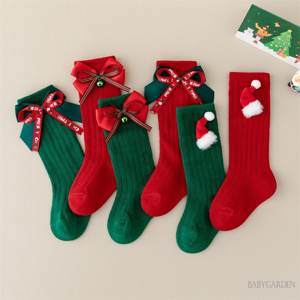 0-4years Tập Đi Bé Gái Giữa Bê Tất Có In Nơ Đầu Gối Cotton Mềm Mại Cao Cấp Giáng Sinh Vớ