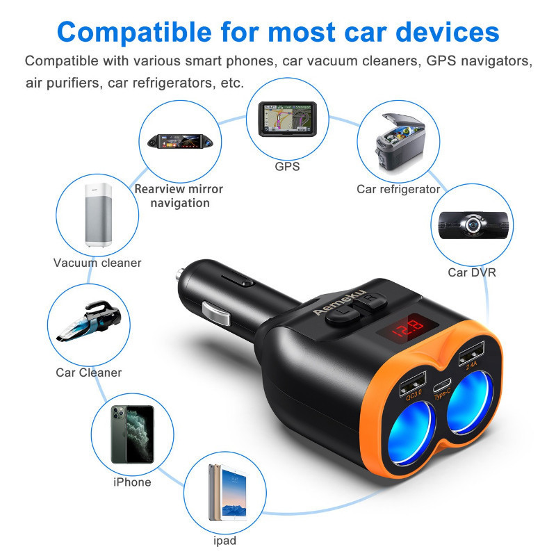 Tẩu sạc nhanh ô tô 30W cao cấp, 5 cổng kết nối, Màn Hình LCD Tự Động, tự động ngắt an toàn