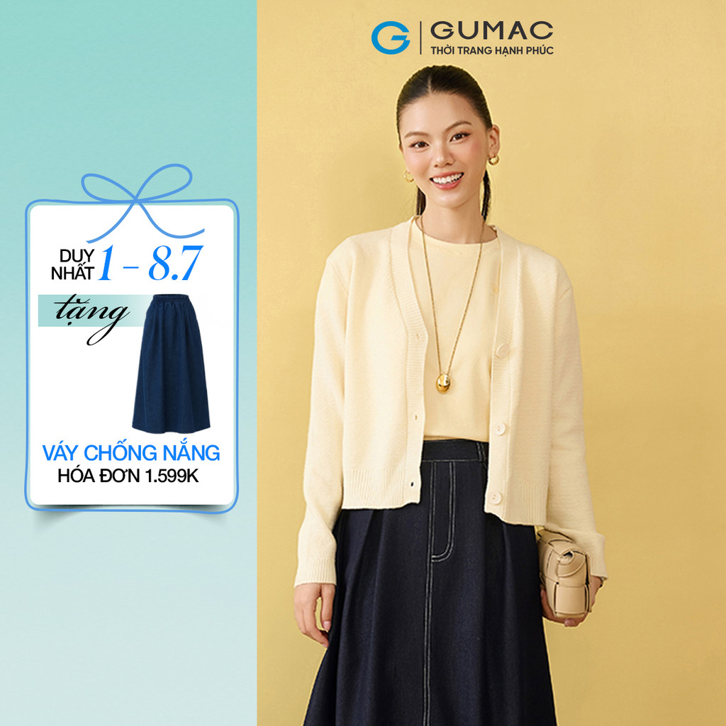 Áo len nữ GUMAC cardigan trơn cổ tim tay dài đính khuy nút nhựa  AF10022