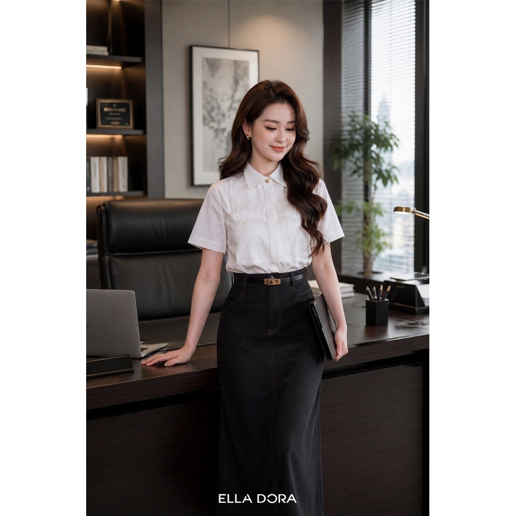 Áo sơ mi trắng nữ ELLA DORA ngắn tay thiết kế ly hợp cúc giấu form gọn thanh lịch công sở [SM170]