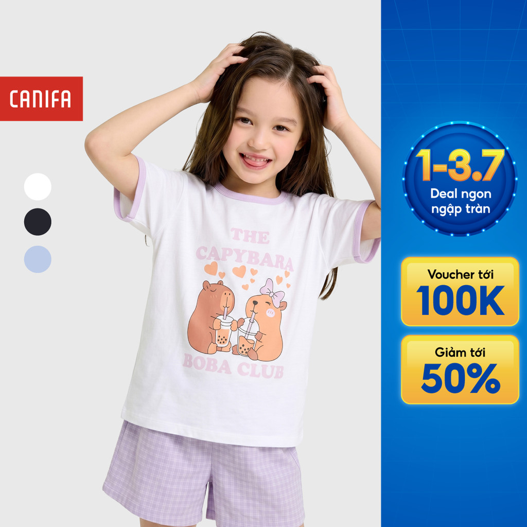 Bộ quần áo bé gái CANIFA bộ thun hè cộc tay chất cotton pha mềm mại thoáng mát 1LS26S006