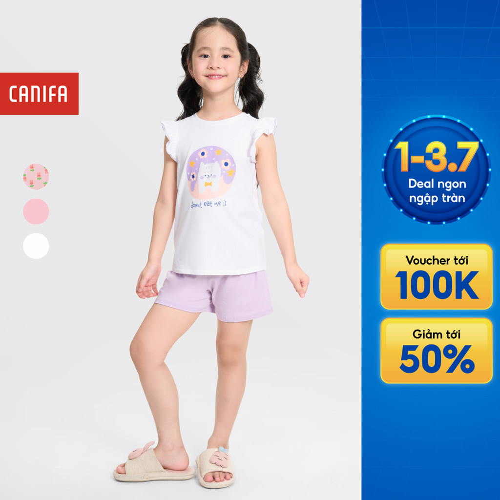 Bộ quần áo bé gái CANIFA áo thun tay bèo in họa tiết quần đùi 1LS25S003