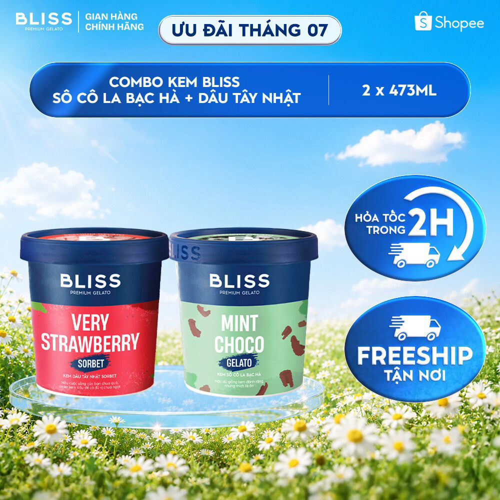 [Hỏa tốc HN/HCM] Combo kem BLISS BẠC HÀ + DÂU TÂY (2 hộp x 473ml): Sô Cô La Bạc Hà, Dâu Tây Nhật