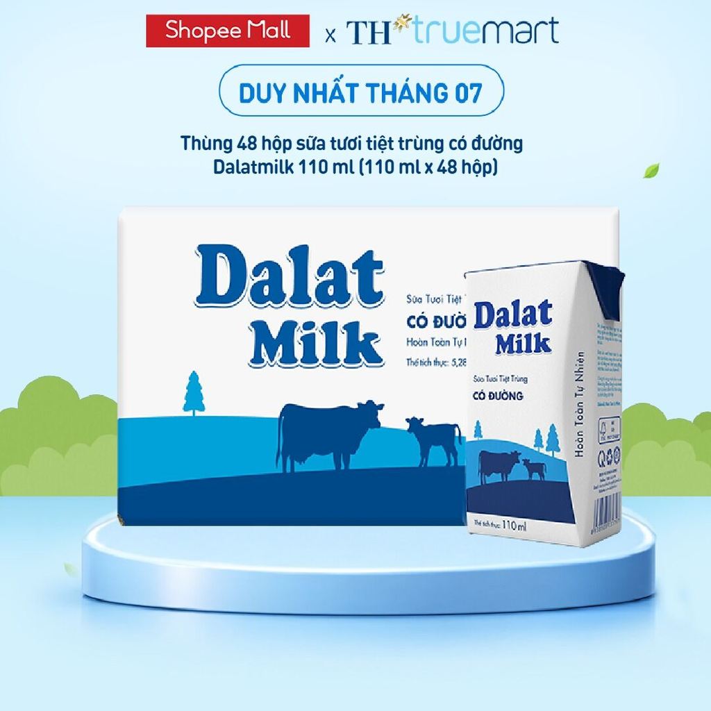 Thùng 48 hộp sữa tươi tiệt trùng Dalatmilk có đường 110 ml (110 ml x 48)